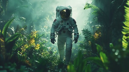 Wall Mural - an astronaut walking through a dense alien jungle, oversized glowing plants surrounding them, soft c