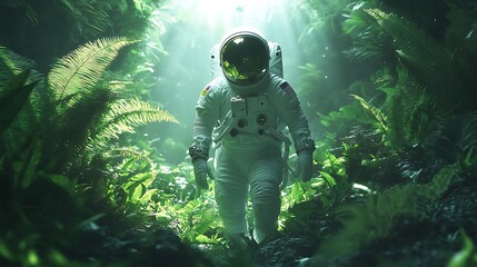 Wall Mural - an astronaut walking through a dense alien jungle, oversized glowing plants surrounding them, soft c