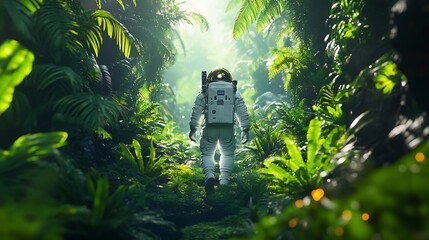 Wall Mural - an astronaut walking through a dense alien jungle, oversized glowing plants surrounding them, soft c