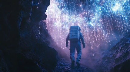 Wall Mural - an astronaut walking through a glowing alien cave, vibrant tendrils of bioluminescent light hanging 