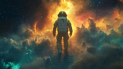 Wall Mural - an astronaut wandering on a shimmering stardust bridge surrounded by a sea of stars, colorful nebula