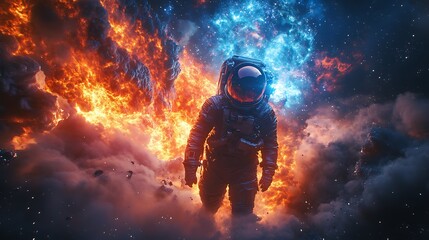Wall Mural - an astronaut witnessing a supernova, vibrant colors of blue and orange mixing in a massive explosion