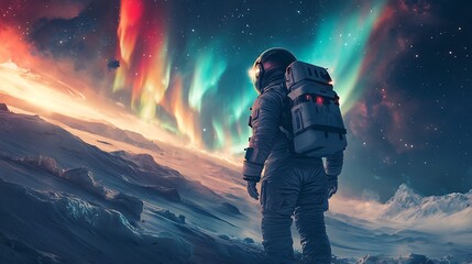 Wall Mural - an astronaut witnessing colorful auroras swirling over an alien planet’s ice-capped poles, the atmos