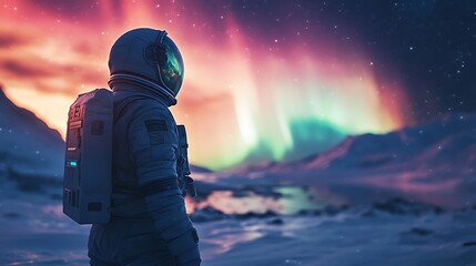 Wall Mural - an astronaut witnessing colorful auroras swirling over an alien planet’s ice-capped poles, the atmos