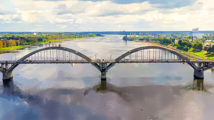 Wall Mural - Rybinsk, Russia. Watercolor illustration. Rybinsk bridge. Bridge over the Volga river, located in the city of Rybinsk, Yaroslavl region, Aerial View