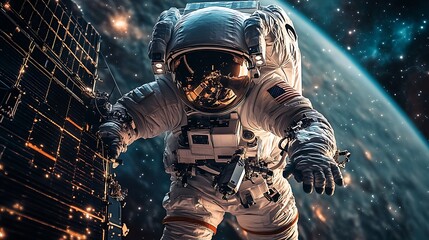 Wall Mural - an astronaut working on a damaged satellite, starlight reflecting off the curved metal panels, cinem