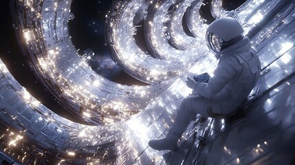 Wall Mural - an astronaut working on a damaged satellite, starlight reflecting off the curved metal panels, cinem