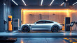 © watcharee - A sleek, modern electric car is showcased in a high-tech garage, illuminated by ambient lighting and surrounded by charging equipment.