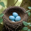 © Bboy - A bird's nest holding three delicate blue robin eggs, nestled in a natural forest setting.