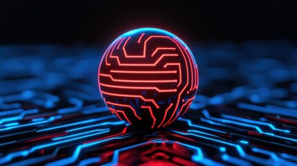 Wall Mural - a glowing sphere with circuit patterns sits on a dark, illuminated surface, showcasing a futuristic,
