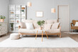 © Pixel-Shot - Interior of light living room with beige sofa, table and shelf unit