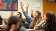 © Pascal - A photo of a group of students raising their hands to answer a question in class.