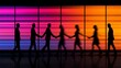 © loxia stock image - Silhouetted people walk in line before bright color wall.