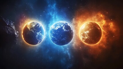 Wall Mural - three planets orbiting the earth dark blue background