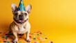 © Nataliia_Trushchenko - Dog wearing a party hat is standing on a yellow background with confetti. The dog appears to be happy and excited, as it is wearing a party hat and surrounded by confetti