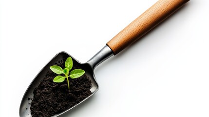 Wall Mural - Shovel with a plant in it. The shovel is made of wood and is on a white background