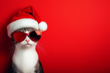 Wall Mural - Cat wearing sunglasses and a Santa hat is standing in front of a red background. The cat's eyes are reflected in the sunglasses, giving the impression that it is posing for a photo