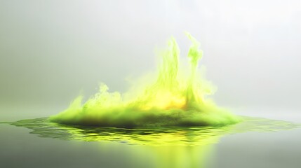 Wall Mural - a glowing toxic puddle, with a faint green and yellow mist rising from it, set on a white background
