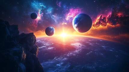 Wall Mural - three planets orbiting the earth dark blue background