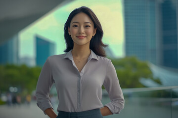 Asian young adult female smiling in urban setting with cityscape background