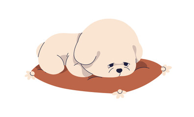 Sad Bichon Frise puppy lying on cushion. Cute fluffy canine animal, kawaii companion pet missing. Upset bored little dog, unhappy depressed pup. Flat vector illustration isolated on white background