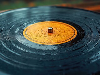 Wall Mural - Wet vinyl record, orange label, water droplets.