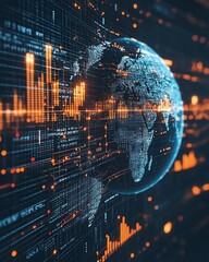 Leinwandbilder - Globe on an abstract digital background with data, statistics, and communication symbols, representing global connectivity and information exchange