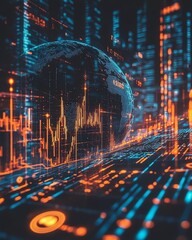 Leinwandbilder - Globe on an abstract digital background with data, statistics, and communication symbols, representing global connectivity and information exchange