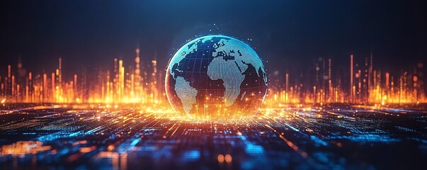 Aufkleber - Globe on an abstract technology and data background, representing connection, communication, and statistics, with digital elements and vibrant colors