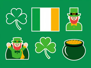 Vibrant irish symbols collection featuring leprechauns and shamrocks on green background