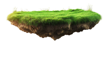 Floating Island of Green: A surreal, digitally created image of a small island floating in mid-air, covered in lush green grass and rich brown earth. Perfect for fantasy or environmental concepts.