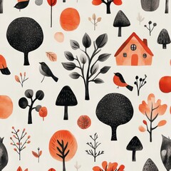 Canvas Print - A modern Scandinavian-inspired pattern featuring clean, minimalist illustrations of trees, houses, and birds in muted pastel tones and soft grays. 