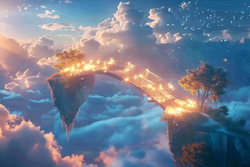 Wall Mural - Magical bridge connecting floating islands in a dreamy sky.