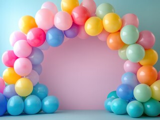 Arch of helium balloons on pastel background. Wall decorated with colorful balloons 