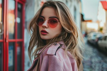 Wall Mural - Stylish model wearing pink sunglasses and jacket posing on a city street