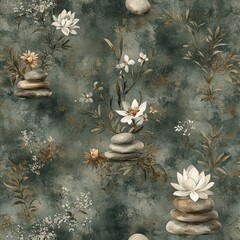 A soothing spa-inspired pattern featuring bamboo stalks, stacked stones, and lotus flowers in muted greens, whites, and soft grays, arranged in a calming symmetrical layout. 