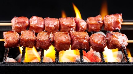 Sticker - Grilled skewers of meat sizzling over flames, showcasing a delicious and appetizing barbecue experience.