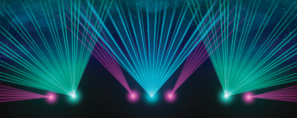 Wall Mural - Stage laser show - neon green, blue and pink beams radiating upward into dark space. Bright luminous display with glowing points and smoke. Realistic dynamic concert or night club lighting effects.