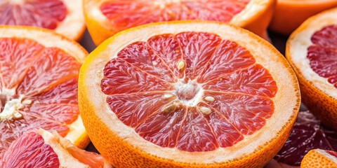 Juicy red grapefruit slices closeup