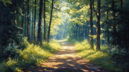 Forest path with dappled sunlight