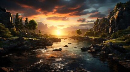 Wall Mural - Serene sunset over a tranquil river flowing through a rocky landscape.
