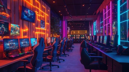 Interactive gaming setup with colorful LED lights, comfortable seating, and an array of gaming consoles, capturing excitement and fun.
