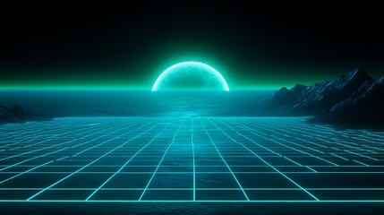 Wall Mural - Futuristic Neon Landscape with Grid, Ocean, and Glowing Celestial Body at Dusk in a Dreamlike Environment