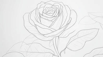 Wall Mural - a continuous line sketch of a rose, its graceful curves rendered in black on a pure white canvas.