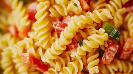 Wall Mural - Close-up of colorful fusilli pasta salad with red and green bell peppers