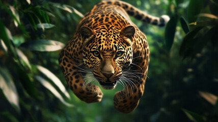 running leopard during mid-day in a forrest with a birds eye view