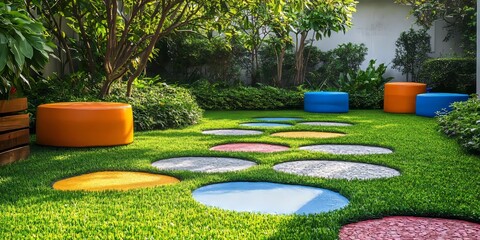 Colorful nested pavers create an appealing design around lush green grass, enhancing the aesthetic of this chic garden. The chic garden benefits from the vibrant hues of the nested pavers.