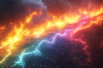 Wall Mural - cosmic scene featuring colorful lightning and clouds in a starry background.