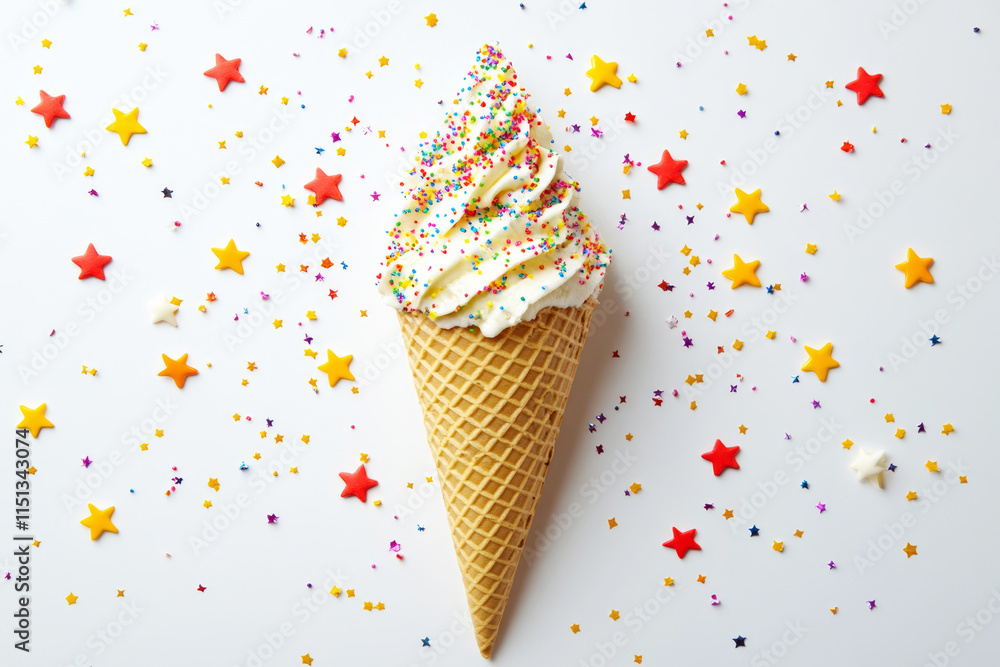 Soft serve ice cream in a waffle cone, topped with colorful sprinkles ...