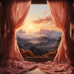 Wall Mural - Sunrise view through parted curtains.